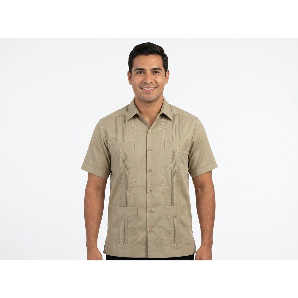 Yucamex Mens Medium Guayabera Shirt Tan Embroidered Short Sleeve Mexican Wedding